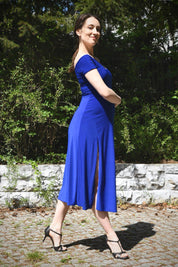 Tango-Wendekleid „Die Verträumte“ königsblau mit tropischem Print