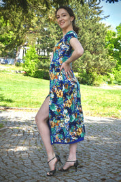 Tango-Wendekleid „Die Verträumte“ königsblau mit tropischem Print