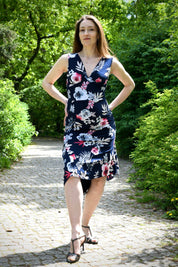 Tango Kleid „Die Verspielte“ (S) mit Blumendruck - dunkelblau