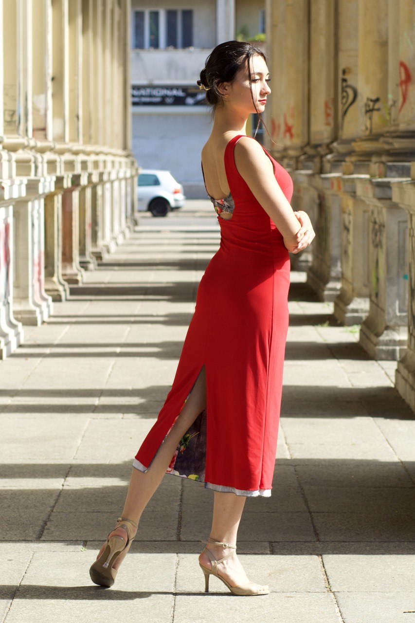 Tango Kleid „Die Süße“ rot & grau gemustert