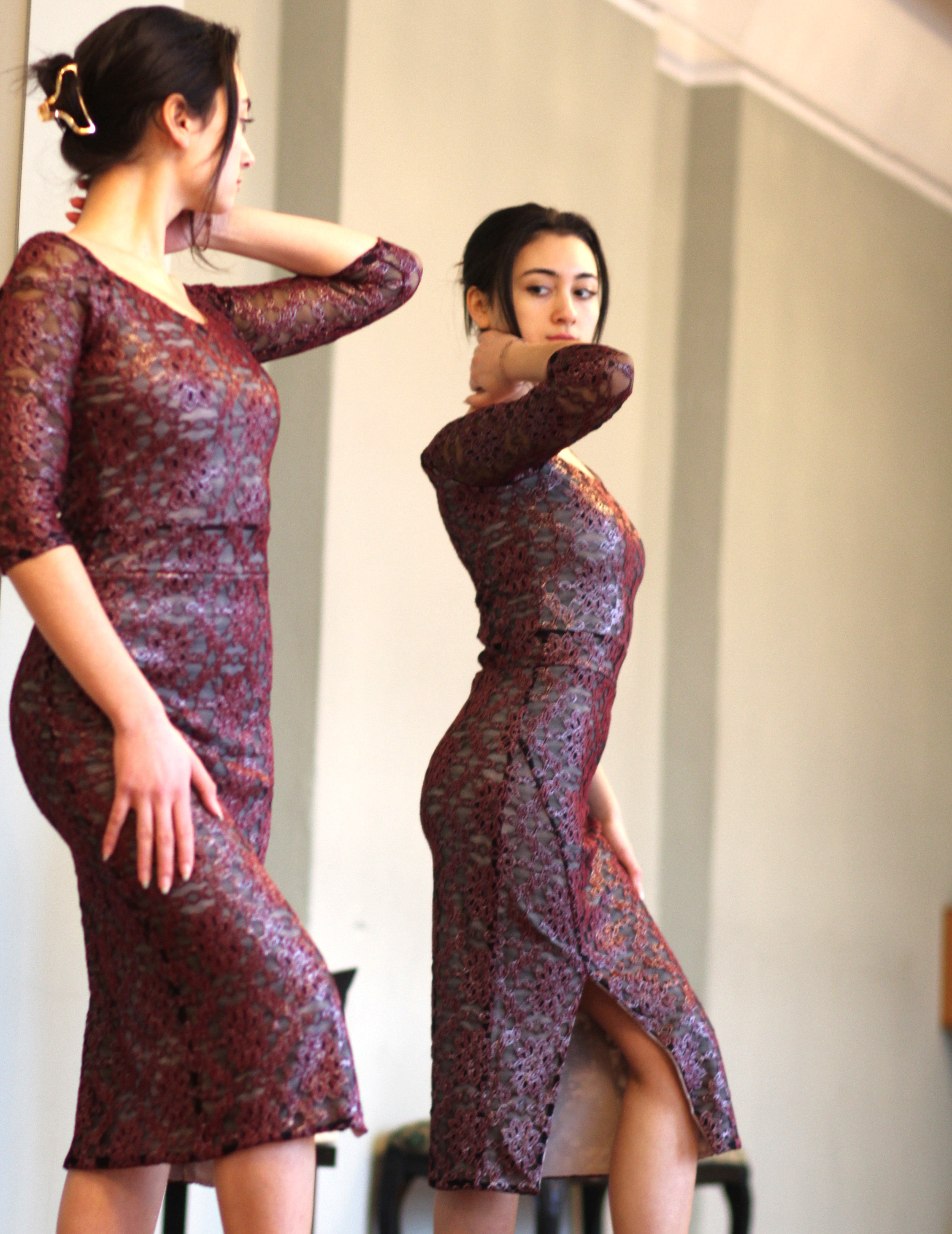Tango Kleid „Die Vornehme“ schimmernde Spitze silber&rose