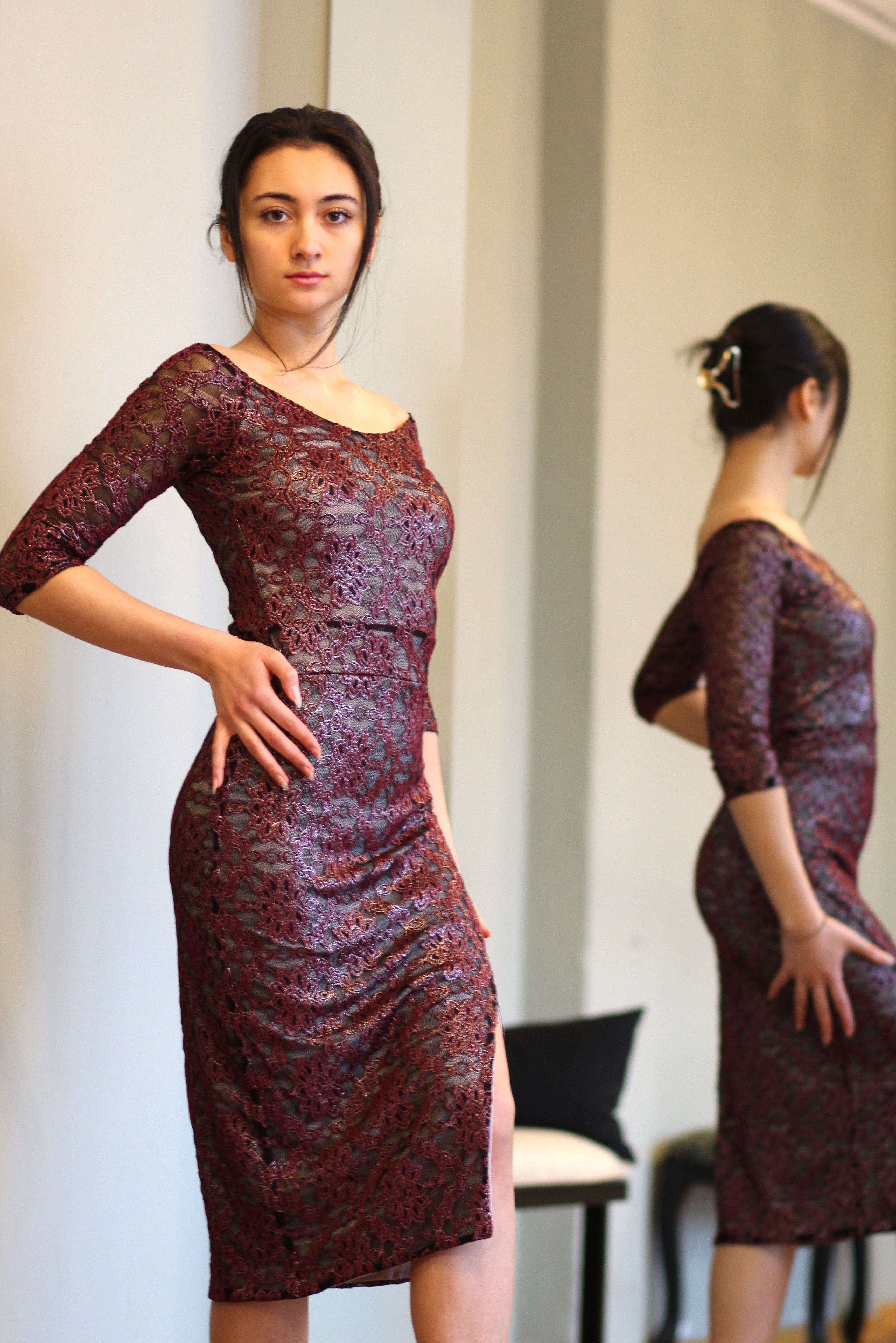 Tango Kleid „Die Vornehme“ schimmernde Spitze silber&rose