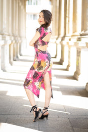 Open back Tango Dress "The Spontanous" with high leg slit - hot pink&animal print