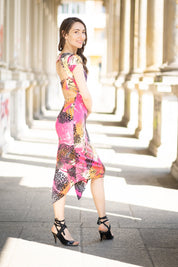Open back Tango Dress "The Spontanous" with high leg slit - hot pink&animal print