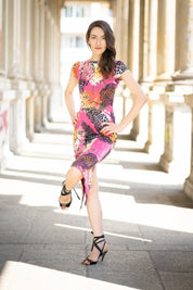 Open back Tango Dress "The Spontanous" with high leg slit - hot pink&animal print