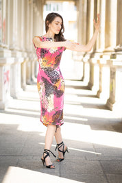 Open back Tango Dress "The Spontanous" with high leg slit - hot pink&animal print